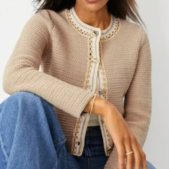 ANN TAYLOR CROTCHET TRIM TAN GOLD BUTTON SWEATER JACKET NWOT $169 L - Picture 6 of 12